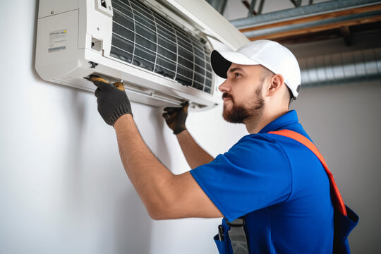 Air conditioning technician servicing a wall-mounted AC unit in Johnstown, CO