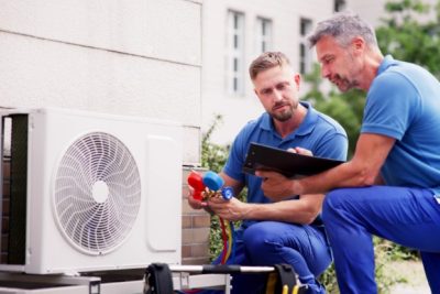 ac-installation-in-claremont-ca HVAC technicians reviewing an outdoor air conditioning unit in Johnstown, CO